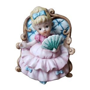 Little Blonde Girl in Chair with Fan Victorian Pink Dress Green Fan Blue Bows